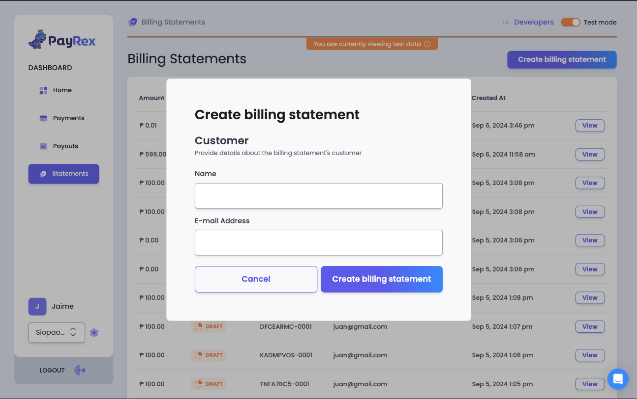 Create Billing Statement Customer