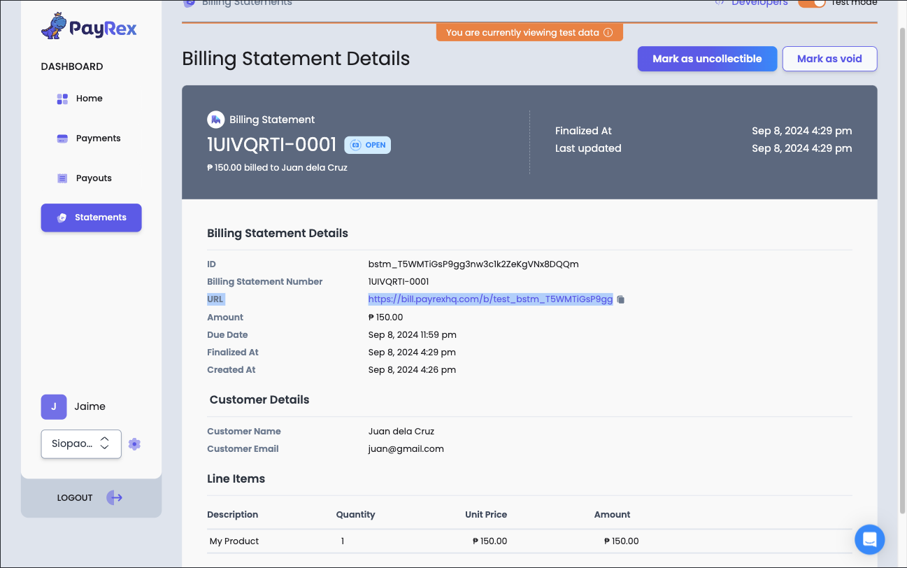 Finalized billing statement